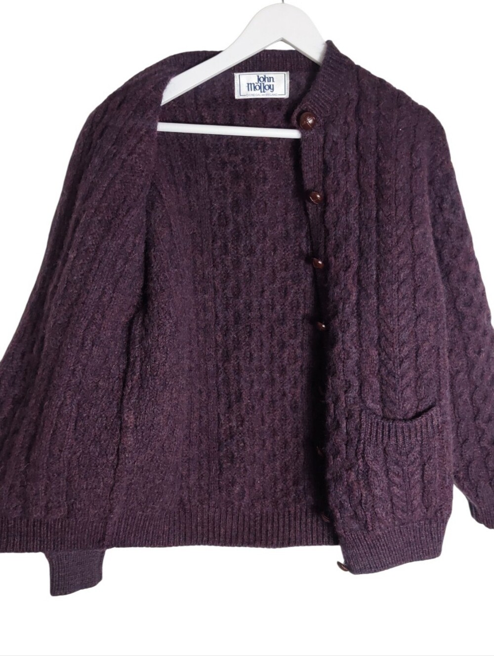 John Molloy 100% Wool Purple Cable Knit Aran Fisherman Cardigan Medium